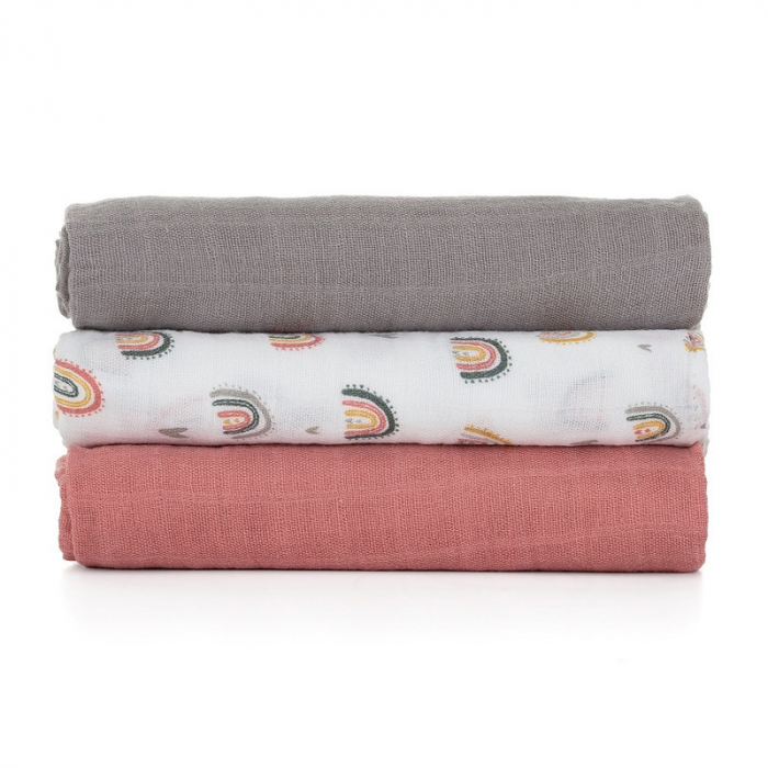Petite&Mars - Set 3 scutece din muselina de bambus Moussy Rose Rainbow, Hipoalergenice, 68 x 68 cm, Certificate Oeko Tex Standard 100, Multicolor [3]