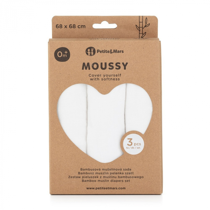 Petite&Mars - Set 3 scutece din muselina de bambus Moussy Total White, Hipoalergenice, 68 x 68 cm, Certificate Oeko Tex Standard 100, Alb [5]