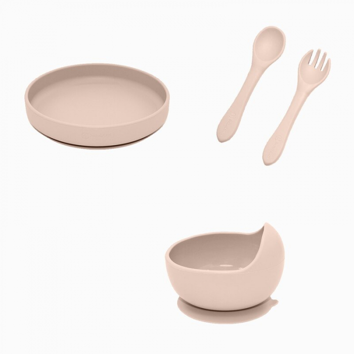 Petite&Mars - Set de hranire, Cu farfurie, Bol si tacamuri, Din silicon fara BFA, Bej [3]