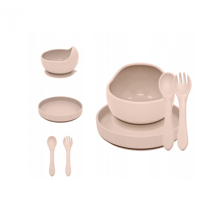 Petite&Mars - Set de hranire, Cu farfurie, Bol si tacamuri, Din silicon fara BFA, Bej [1]