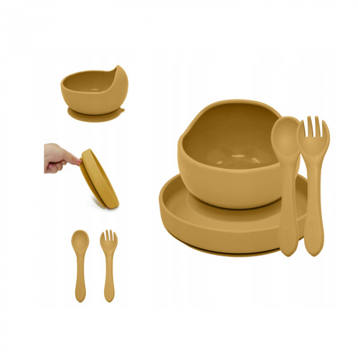 Petite&Mars - Set de hranire, Cu farfurie, Bol si tacamuri, Din silicon fara BFA, Ocru [1]