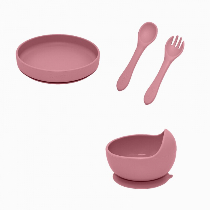 Petite&Mars - Set de hranire, Cu farfurie, Bol si tacamuri, Din silicon fara BFA, Roz [3]
