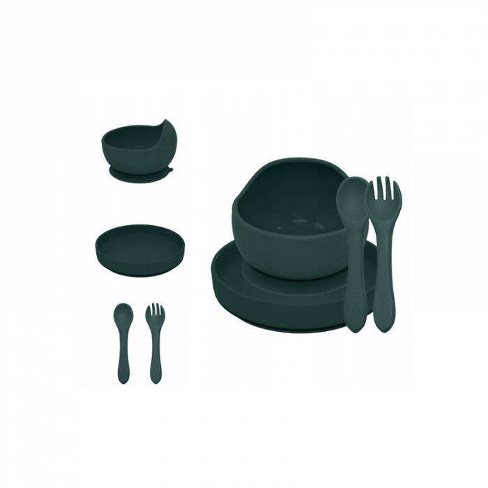 Petite&Mars - Set de hranire, Cu farfurie, Bol si tacamuri, Din silicon fara BFA, Verde inchis [1]