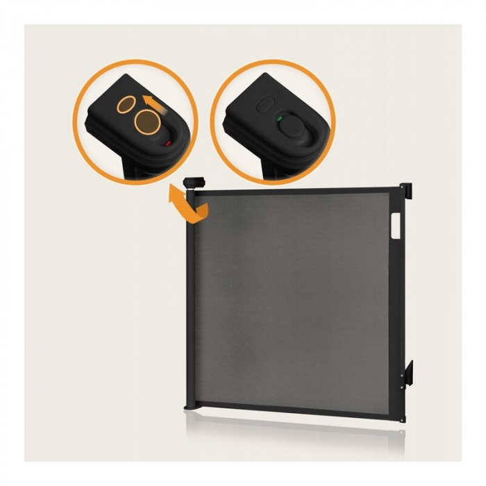 Poarta de siguranta, Lionelo, Thea, Cu suruburi, Textila, Retractabila, Mecanism dublu de blocare, Montaj universal, 80x140 cm, Conform cu standardul european de securitate EN1930, Negru [18]
