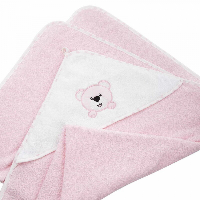 Prosop de baie, Bocioland, Cu gluga, 100% bumbac, 80x80 cm, Teddy Bear, Pink [3]