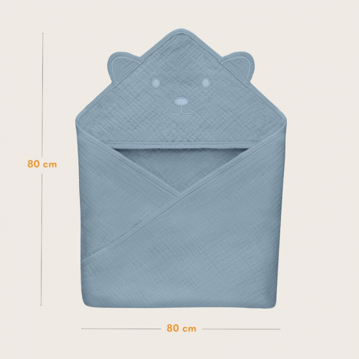 Prosop de baie, Lionelo, Cu gluga, Din muselina, 100% bumbac, 80x80 cm, Absorbtie eficienta, Albastru [7]