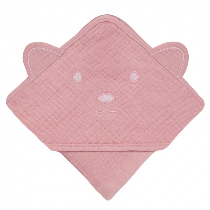Prosop de baie, Lionelo, Cu gluga, Din muselina, 100% bumbac, 80x80 cm, Absorbtie eficienta, Roz [3]