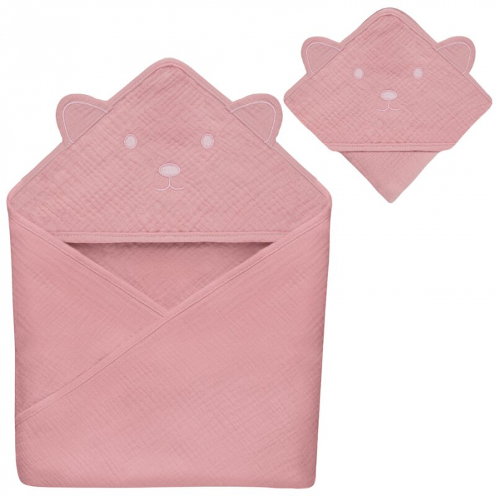 Prosop de baie, Lionelo, Cu gluga, Din muselina, 100% bumbac, 80x80 cm, Absorbtie eficienta, Roz [2]