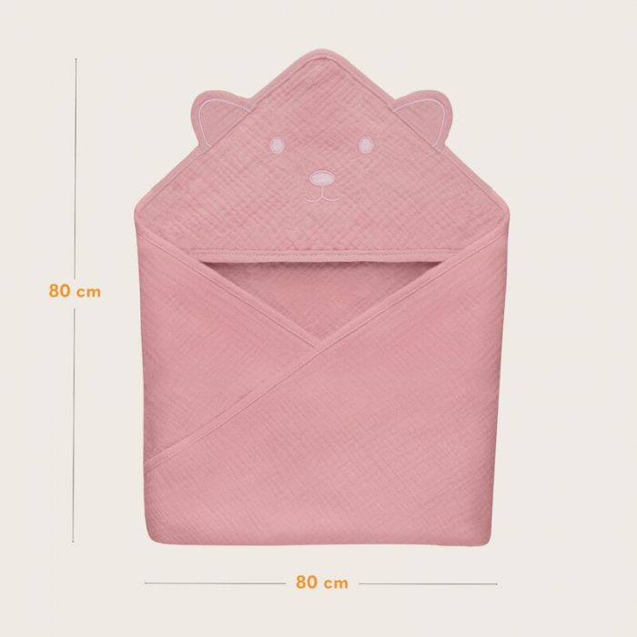 Prosop de baie, Lionelo, Cu gluga, Din muselina, 100% bumbac, 80x80 cm, Absorbtie eficienta, Roz [7]