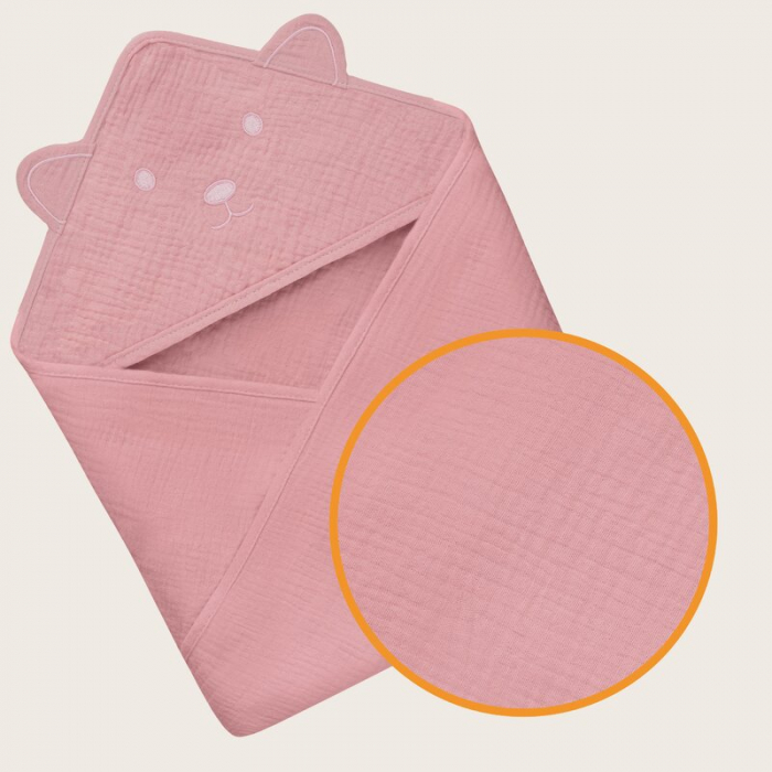 Prosop de baie, Lionelo, Cu gluga, Din muselina, 100% bumbac, 80x80 cm, Absorbtie eficienta, Roz [4]