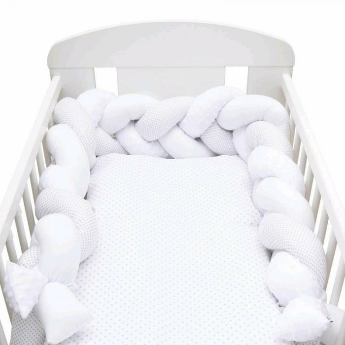 Protectie laterala pentru patut 120x60cm , Tip Bumper impletit, Din bumbac, Minky/Dot grey [6]