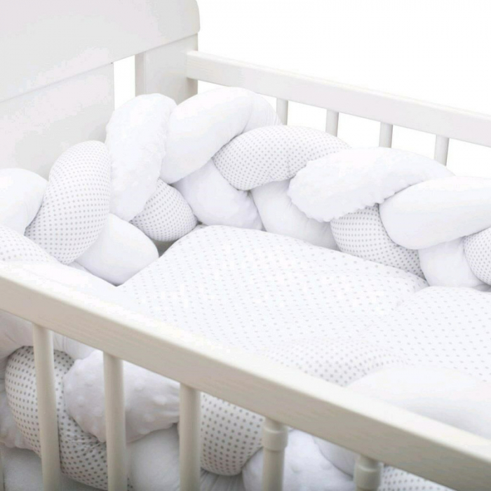 Protectie laterala pentru patut 120x60cm , Tip Bumper impletit, Din bumbac, Minky/Dot grey [7]