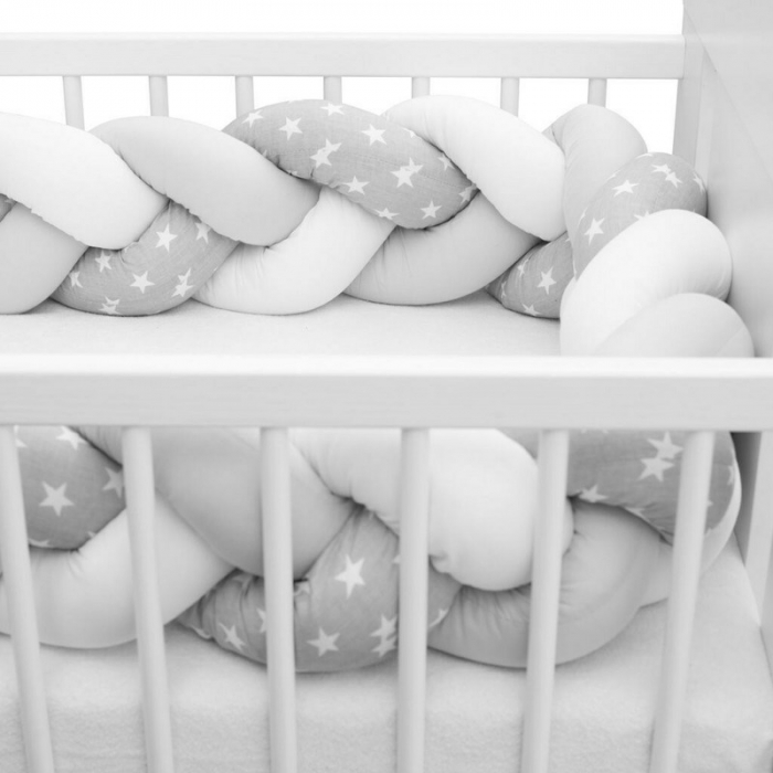 Protectie laterala pentru patut 120x60cm , Tip Bumper impletit, Din bumbac, Stars grey/white [3]