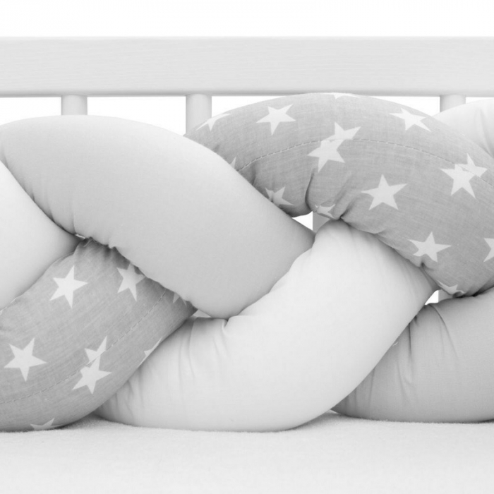Protectie laterala pentru patut 120x60cm , Tip Bumper impletit, Din bumbac, Stars grey/white [5]