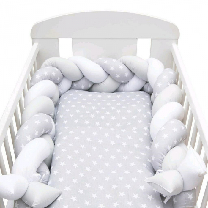 Protectie laterala pentru patut 120x60cm , Tip Bumper impletit, Din bumbac, Stars grey/white [6]