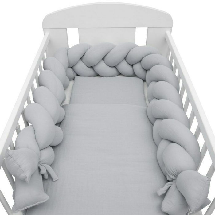 Protectie laterala pentru patut 120x60cm , Tip Bumper impletit, Din muselina, Grey [7]