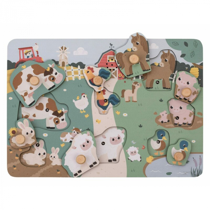 Puzzle din lemn, Free2Play, Cu animalute de la ferma, Cu sunete, Cu maner, Stimuleaza simturile, invatarea prin joc si imaginatia, 29,8 x 21,2 x 3,8 cm, Farm [1]