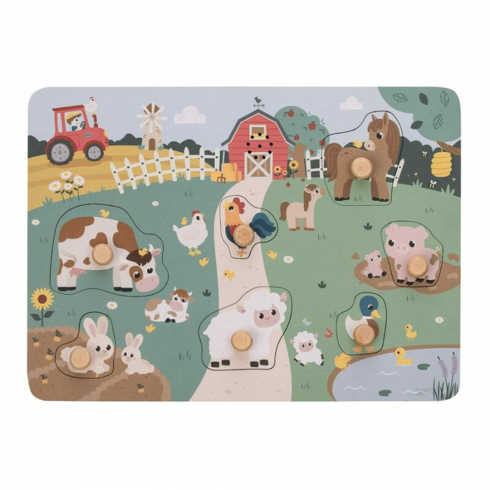 Puzzle din lemn, Free2Play, Cu animalute de la ferma, Cu sunete, Cu maner, Stimuleaza simturile, invatarea prin joc si imaginatia, 29,8 x 21,2 x 3,8 cm, Farm [4]