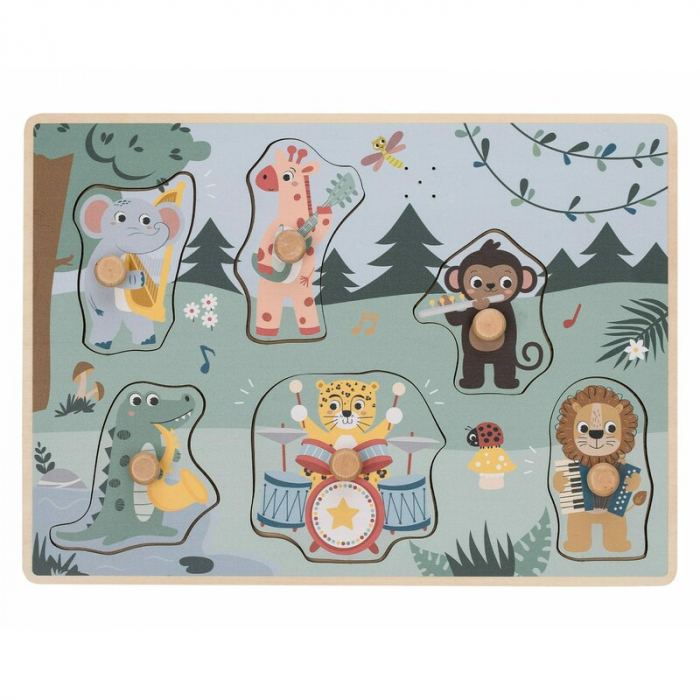 Puzzle muzical din lemn, Free2Play, Cu animalute din jungla, Cu sunete, Cu maner, Stimuleaza simturile, invatarea prin joc si imaginatia, 30x21,5x3,5 cm, Jungle [2]