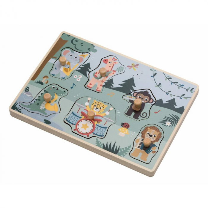 Puzzle muzical din lemn, Free2Play, Cu animalute din jungla, Cu sunete, Cu maner, Stimuleaza simturile, invatarea prin joc si imaginatia, 30x21,5x3,5 cm, Jungle [3]