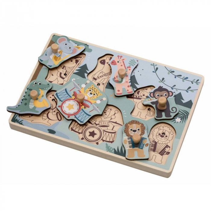 Puzzle muzical din lemn, Free2Play, Cu animalute din jungla, Cu sunete, Cu maner, Stimuleaza simturile, invatarea prin joc si imaginatia, 30x21,5x3,5 cm, Jungle [1]