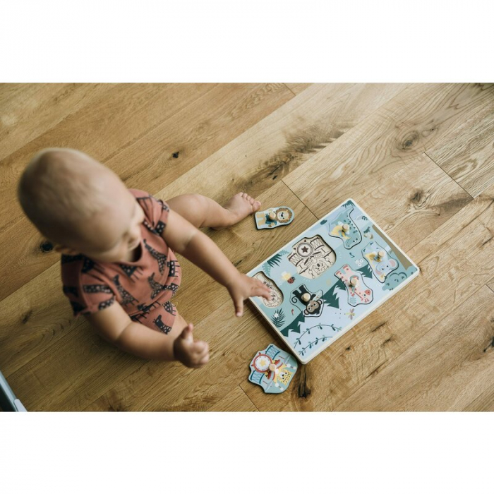 Puzzle muzical din lemn, Free2Play, Cu animalute din jungla, Cu sunete, Cu maner, Stimuleaza simturile, invatarea prin joc si imaginatia, 30x21,5x3,5 cm, Jungle [6]