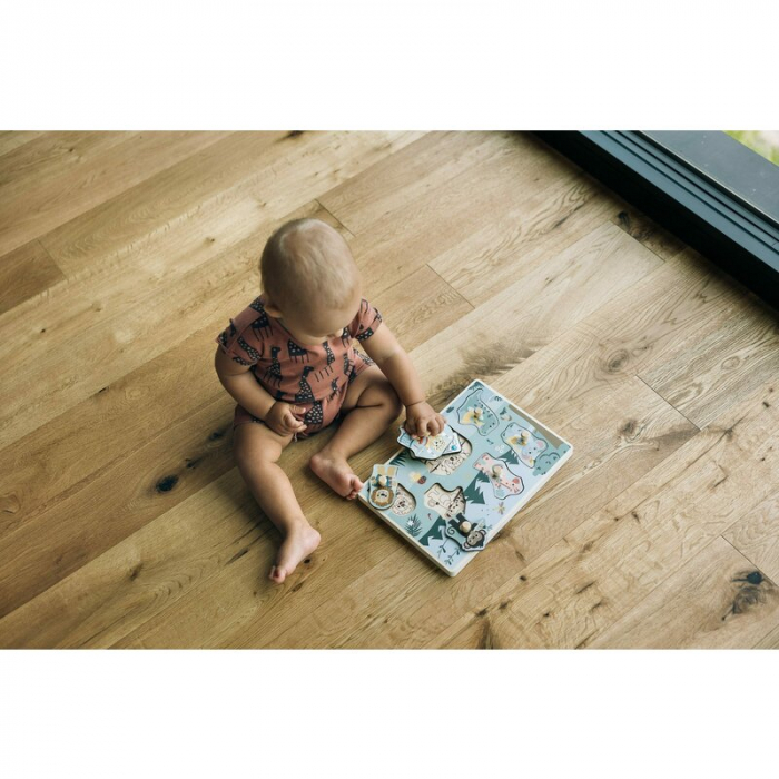 Puzzle muzical din lemn, Free2Play, Cu animalute din jungla, Cu sunete, Cu maner, Stimuleaza simturile, invatarea prin joc si imaginatia, 30x21,5x3,5 cm, Jungle [8]