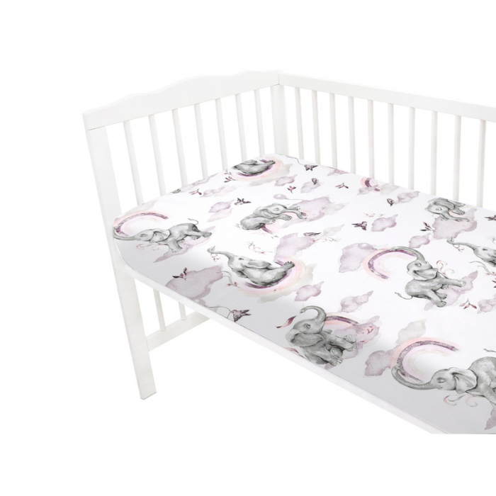Cearceaf cu elastic pentru patut 120x60 cm, Din bumbac , Elephants on Rainbow Pink [2]