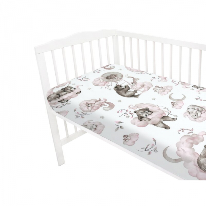 Cearceaf cu elastic pentru patut 120x60 cm, Din bumbac , Teddy Bear and Friends Pink [2]