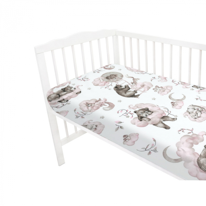 Cearceaf cu elastic pentru patut 140X70 cm, Din bumbac , Teddy Bear and Friends Pink [2]