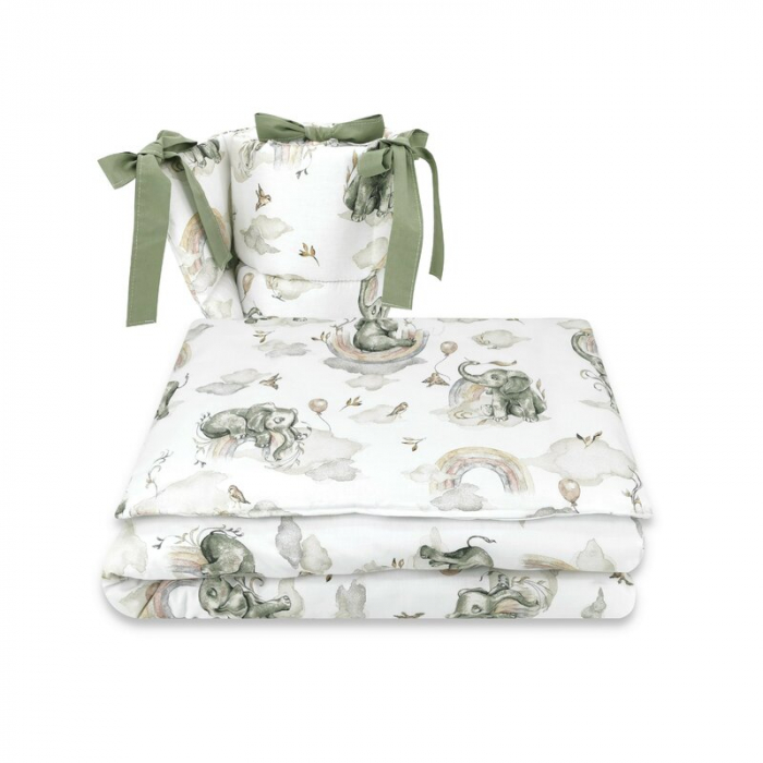 Qmini - Lenjerie patut 3 piese, Cu protectie laterala, Din bumbac certificat Oeko Tex Standard 100, Pentru patut 120x60 cm, Elephants on Rainbow [1]