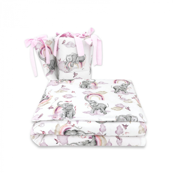 Qmini - Lenjerie patut 3 piese, Cu protectie laterala, Din bumbac certificat Oeko Tex Standard 100, Pentru patut 120x60 cm, Elephants on Rainbow Pink [1]