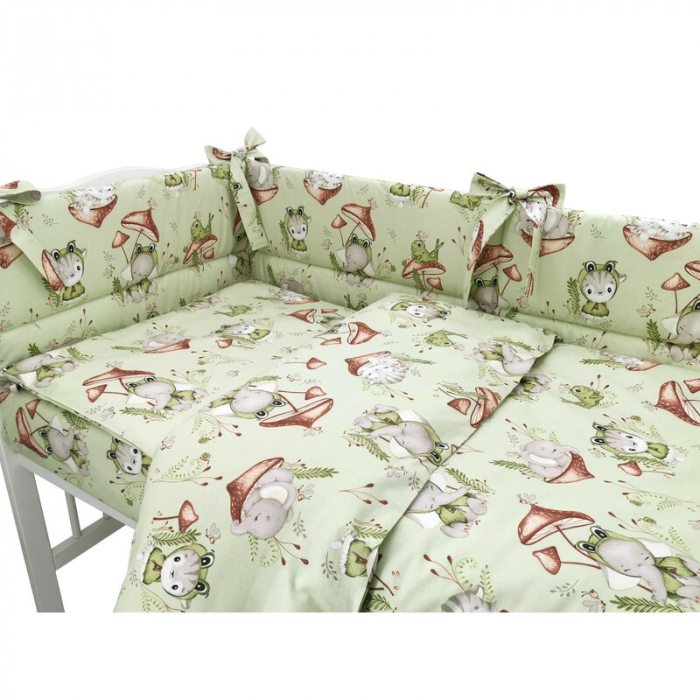 Qmini - Lenjerie patut 3 piese, Cu protectie laterala, Din bumbac certificat Oeko Tex Standard 100, Pentru patut 120x60 cm, Frogs [2]