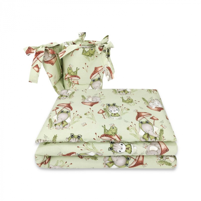 Qmini - Lenjerie patut 3 piese, Cu protectie laterala, Din bumbac certificat Oeko Tex Standard 100, Pentru patut 120x60 cm, Frogs [1]