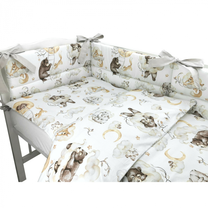 Qmini - Lenjerie patut 3 piese, Cu protectie laterala, Din bumbac certificat Oeko Tex Standard 100, Pentru patut 120x60 cm, Teddy Bear and Friends Beige [2]