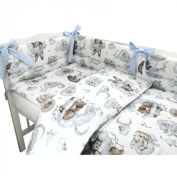 Qmini - Lenjerie patut 3 piese, Cu protectie laterala, Din bumbac certificat Oeko Tex Standard 100, Pentru patut 120x60 cm, Teddy Bear and Friends Blue [2]