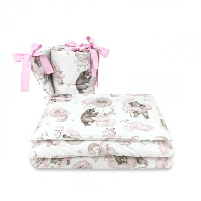 Qmini - Lenjerie patut 3 piese, Cu protectie laterala, Din bumbac certificat Oeko Tex Standard 100, Pentru patut 120x60 cm, Teddy Bear and Friends Pink [1]