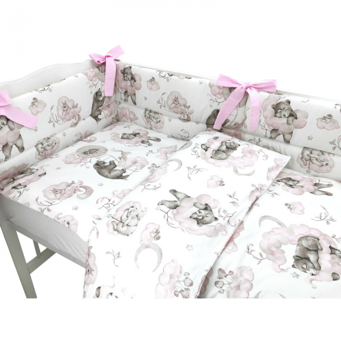 Qmini - Lenjerie patut 3 piese, Cu protectie laterala, Din bumbac certificat Oeko Tex Standard 100, Pentru patut 120x60 cm, Teddy Bear and Friends Pink [2]