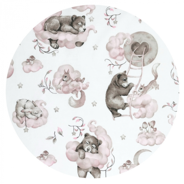 Qmini - Lenjerie patut 3 piese, Cu protectie laterala, Din bumbac certificat Oeko Tex Standard 100, Pentru patut 120x60 cm, Teddy Bear and Friends Pink [3]