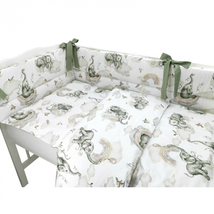 Qmini - Lenjerie patut 3 piese, Cu protectie laterala, Din bumbac certificat Oeko Tex Standard 100, Pentru patut 140x70 cm, Elephants on Rainbow [2]