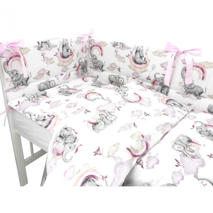 Qmini - Lenjerie patut 3 piese, Cu protectie laterala, Din bumbac certificat Oeko Tex Standard 100, Pentru patut 140x70 cm, Elephants on Rainbow Pink [2]