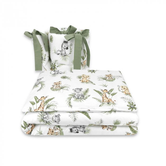 Qmini - Lenjerie patut 3 piese, Cu protectie laterala, Din bumbac certificat Oeko Tex Standard 100, Pentru patut 140x70 cm, Safari [1]