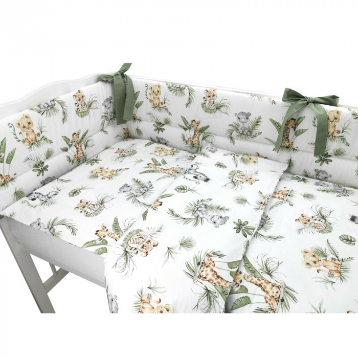 Qmini - Lenjerie patut 3 piese, Cu protectie laterala, Din bumbac certificat Oeko Tex Standard 100, Pentru patut 140x70 cm, Safari [2]