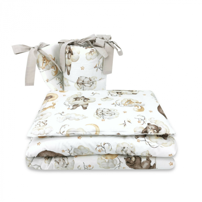 Qmini - Lenjerie patut 3 piese, Cu protectie laterala, Din bumbac certificat Oeko Tex Standard 100, Pentru patut 140x70 cm, Teddy Bear and Friends Beige [1]