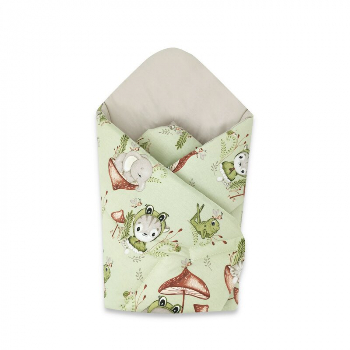 Qmini - Paturica de infasat cu doua fete, Cu multiple utilizari, Cu inchidere arici velcro, Dimensiune 75x75 cm, Din bumbac certificat Oeko Tex Standard 100, Frogs [1]