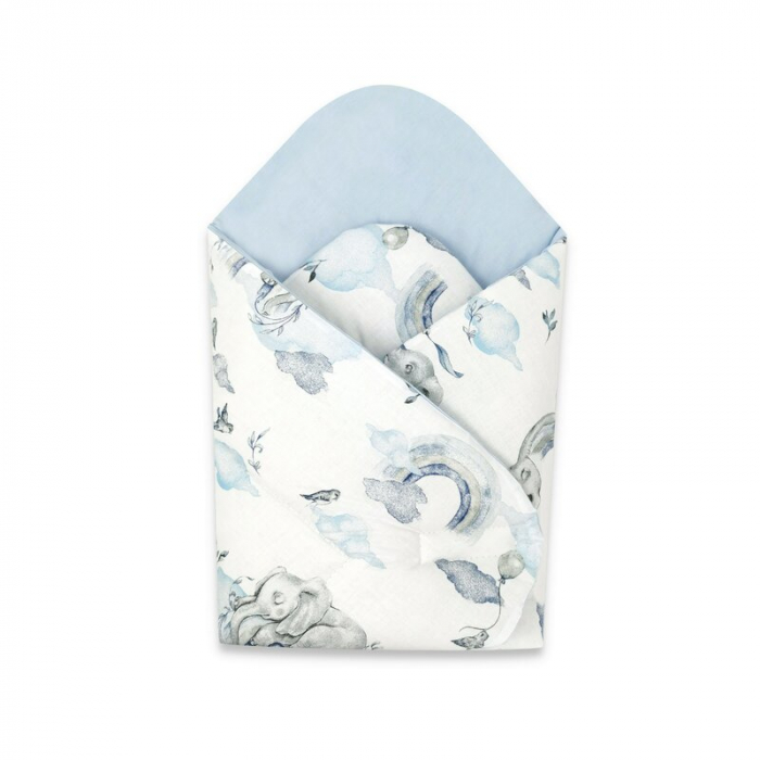 Qmini - Paturica de infasat cu doua fete, Cu multiple utilizari, Cu inchidere arici velcro, Dimensiune 75x75 cm, Din bumbac certificat Oeko Tex Standard 100, Elephants on Rainbow Blue [1]