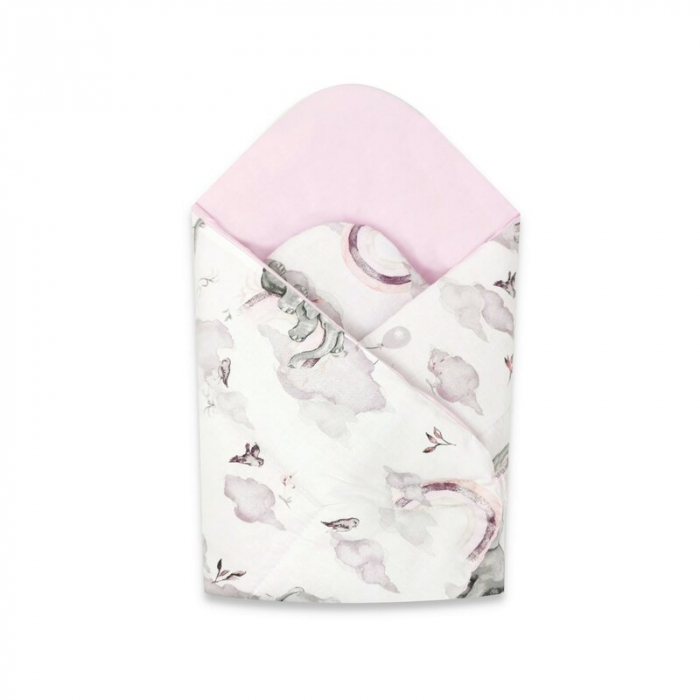Qmini - Paturica de infasat cu doua fete, Cu multiple utilizari, Cu inchidere arici velcro, Dimensiune 75x75 cm, Din bumbac certificat Oeko Tex Standard 100, Elephants on Rainbow Pink [1]