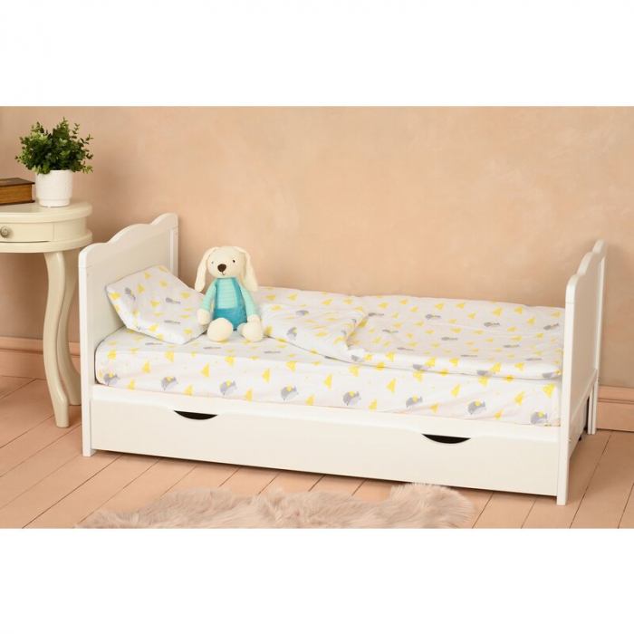 Qmini - Patut din lemn Julia 120x60 cm, multifunctional, cu sertar, Cu sina speciala pentru dentitie, EN716-1, EN716-2, Alb + Saltea 12 cm [7]