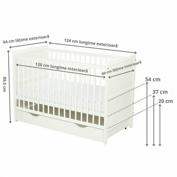 Qmini - Patut din lemn Julia 120x60 cm, multifunctional, cu sertar, Cu sina speciala pentru dentitie, EN716-1, EN716-2, Alb + Saltea 8 cm [4]