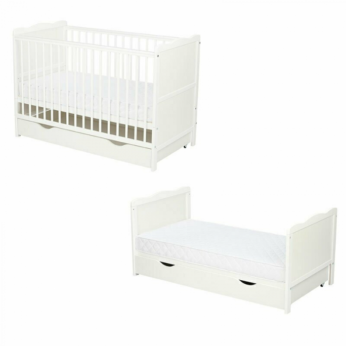 Qmini - Patut din lemn Julia 120x60 cm, multifunctional, cu sertar, Cu sina speciala pentru dentitie, EN716-1, EN716-2, Alb + Saltea 8 cm [2]